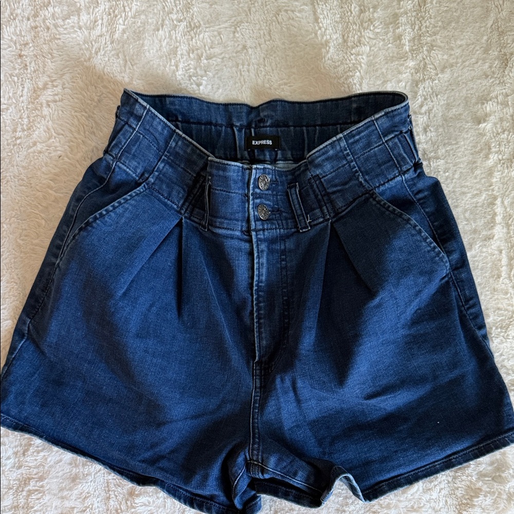 Express High Waist Paperbag Denim Shorts - Navy Blue